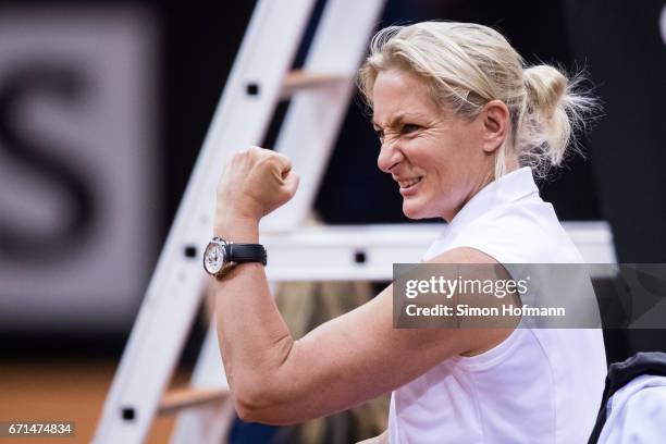 Head coach Barbara Rittner of Germany celebrates a point of Angelique Kerber against lesia Tsurenko during the FedCup World Group Play-Off Match...