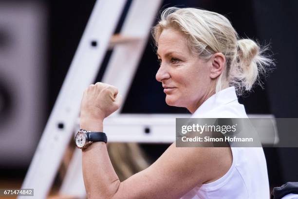 Head coach Barbara Rittner of Germany celebrates a point of Angelique Kerber against lesia Tsurenko during the FedCup World Group Play-Off Match...