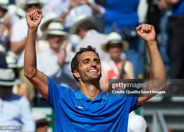 Albert Ramos-Vinolas of Spain celebrates winning against Lucas Pouille of France in the men's singles semi-final match on day seven of the ATP Monte...