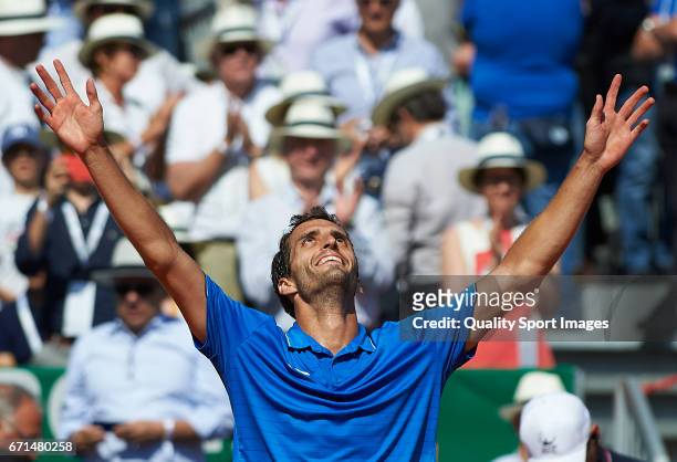 Albert Ramos-Vinolas of Spain celebrates winning against Lucas Pouille of France in the men's singles semi-final match on day seven of the ATP Monte...