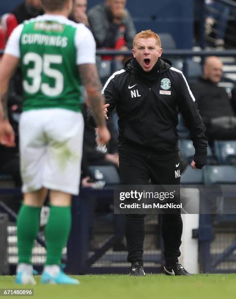 Hibernian manager Neil Lennon reacts during the William Hill Scottish Cup semi-final match between Hibernian and Aberdeen at Hampden Park on April...