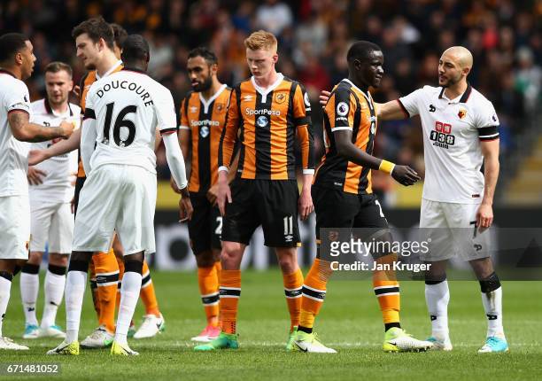 Oumar Niasse of Hull City leaves the pitch after being shown a red card during the Premier League match between Hull City and Watford at the KCOM...