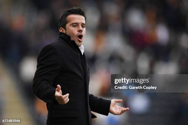 Marco Silva, Manager of Hull City reacts during the Premier League match between Hull City and Watford at the KCOM Stadium on April 22, 2017 in Hull,...