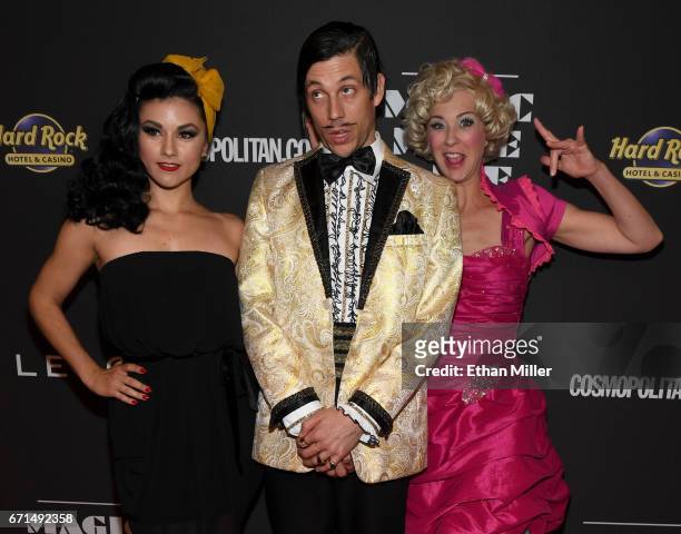 Singer and burlesque dancer Melody Sweets, The Gazillionaire character and cast member Wanda Widdle from the show "Absinthe" joke around on the red...