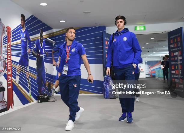 Eden Hazard and Thibaut Courtois of Chelsea arrive prior to The Emirates FA Cup Semi-Final between Chelsea and Tottenham Hotspur at Wembley Stadium...