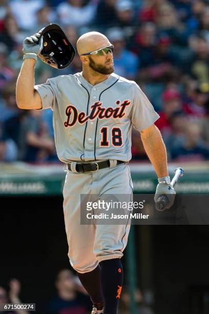 Tyler Collins of the Detroit Tigers reacts after striking out to end the top of the eighth inning against the Cleveland Indians at Progressive Field...