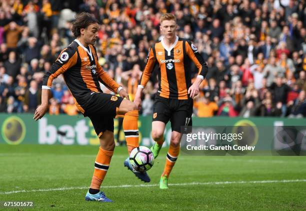 Lazar Markovic of Hull City scores his sides first goal during the Premier League match between Hull City and Watford at the KCOM Stadium on April...