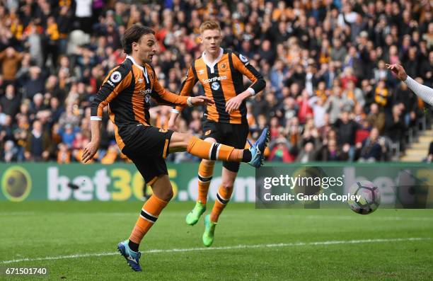 Lazar Markovic of Hull City scores his sides first goal during the Premier League match between Hull City and Watford at the KCOM Stadium on April...