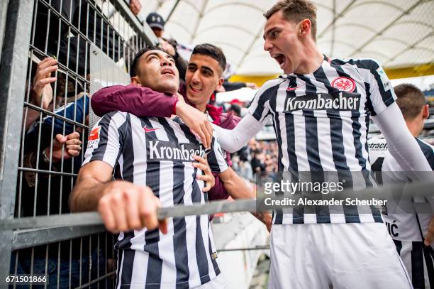 Marco Fabian of Frankfurt celebrates his second goal for his team with his teammates during the Bundesliga match between Eintracht Frankfurt and FC...