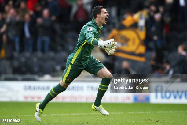Eldin Jakupovic of Hull City celebrates their sides 1st goal during the Premier League match between Hull City and Watford at the KCOM Stadium on...