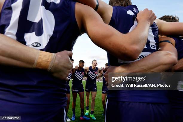 Nat Fyfe of the Dockers speaks to the huddle at the start of the game during the round five AFL match between the Fremantle Dockers and the North...