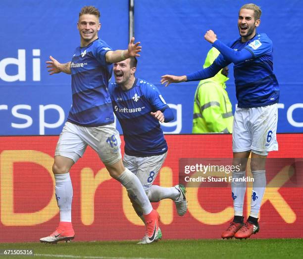 Felix Platte of Darmstadt celebrates scoring the second goal during the Bundesliga match between Hamburger SV and SV Darmstadt 98 at Volksparkstadion...