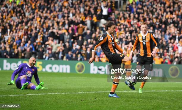 Lazar Markovic of Hull City scores his sides first goal during the Premier League match between Hull City and Watford at the KCOM Stadium on April...