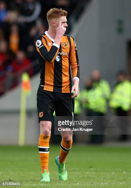 Sam Clucas of Hull City reacts to team mates after scoring his sides second goal during the Premier League match between Hull City and Watford at the...