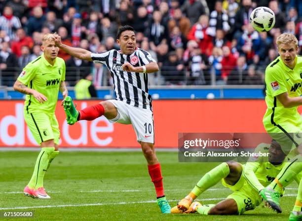 Marco Fabian of Frankfurt sores the second goal for his team during the Bundesliga match between Eintracht Frankfurt and FC Augsburg at...