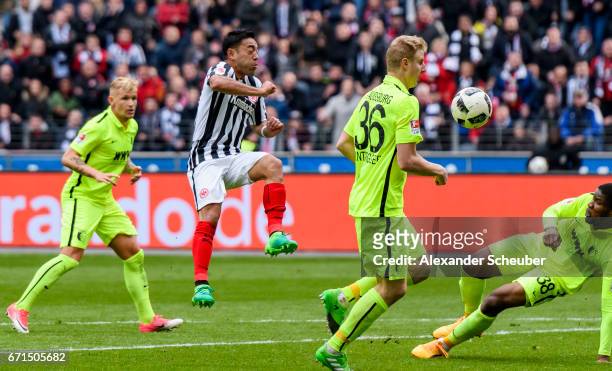 Marco Fabian of Frankfurt sores the second goal for his team during the Bundesliga match between Eintracht Frankfurt and FC Augsburg at...