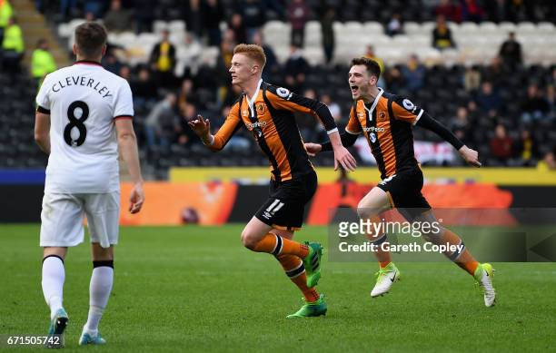 Sam Clucas of Hull City celebrates scoring his team's second goal during the Premier League match between Hull City and Watford at the KCOM Stadium...