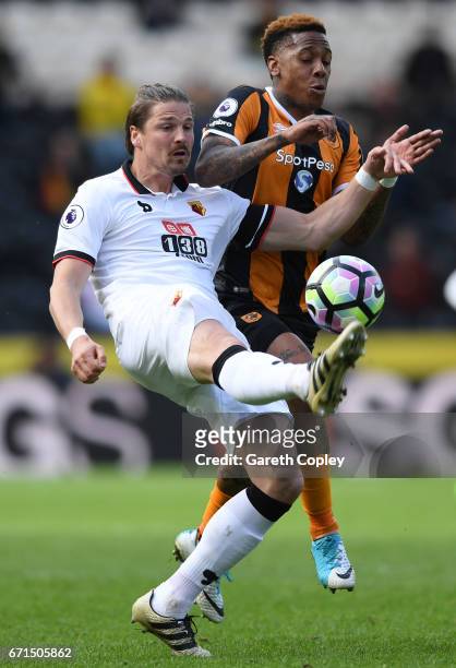Sebastian Prodl of Watford and Abel Hernandez of Hull City in action during the Premier League match between Hull City and Watford at the KCOM...
