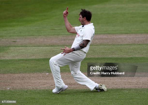 James Pattinson of Nottinghamshire celebrates the wicket of Laurie Evans of Sussex during day two of the Specsavers County Championship Division Two...
