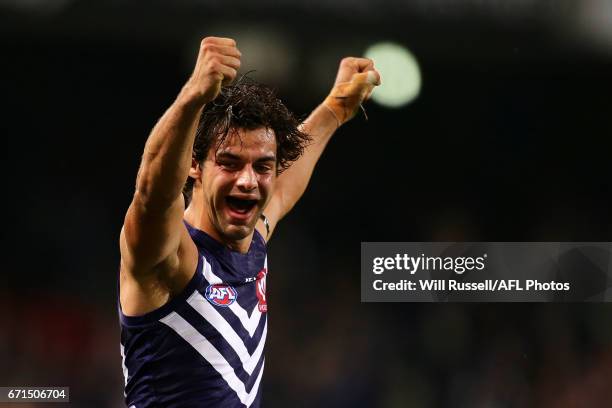 Brady Grey of the Dockers celebrates after scoring a goal during the round five AFL match between the Fremantle Dockers and the North Melbourne...