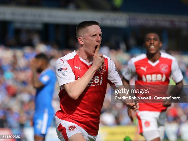 Fleetwood Town's Ashley Hunter celebrates scoring his sides first goal during the Sky Bet League One match between Gillingham and Fleetwood Town at...