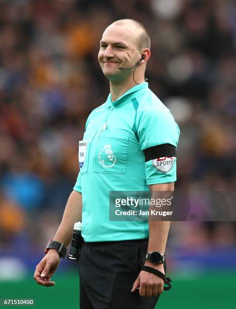 Referee Robert Madley looks on during the Premier League match between Hull City and Watford at the KCOM Stadium on April 22, 2017 in Hull, England.