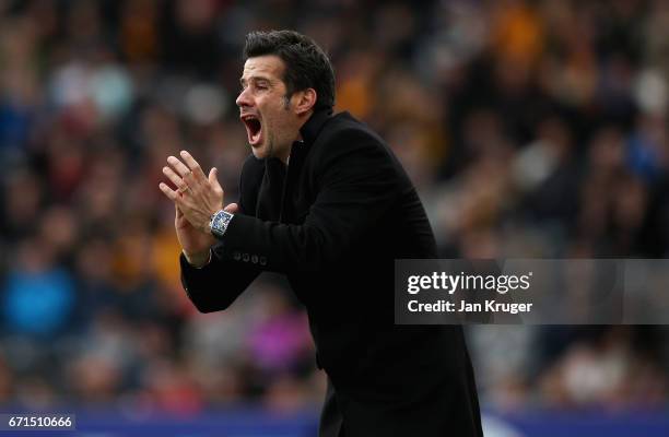 Marco Silva, Manager of Hull City reacts during the Premier League match between Hull City and Watford at the KCOM Stadium on April 22, 2017 in Hull,...