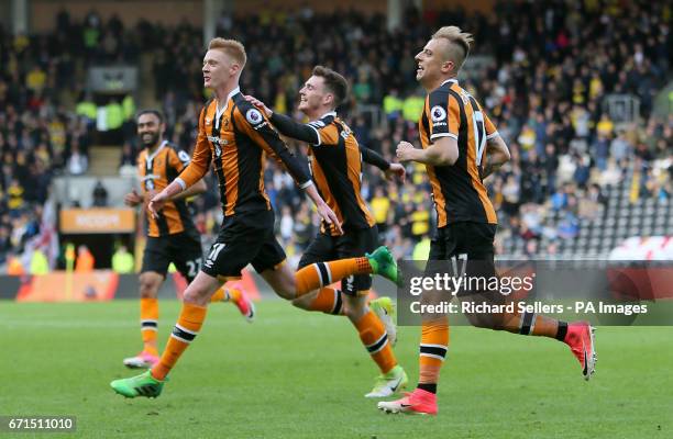 Hull City's Sam Clucas celebrates scoring his side's second goal of the game during the Premier League match at the KCOM Stadium, Hull.