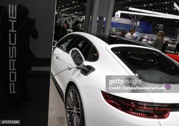 Prototype of a plug in electric car from automaker Porshe at the 2017 New York International Auto Show Press Day at Jacob K. Javits Convention Center...