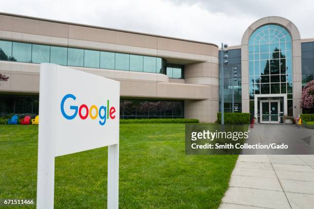 Logo with signage in front of Building 44, which houses employees working on the Android mobile phone operating system, at the Googleplex,...