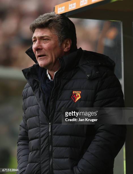 Walter Mazzarri, Manager of Watford reacts during the Premier League match between Hull City and Watford at the KCOM Stadium on April 22, 2017 in...