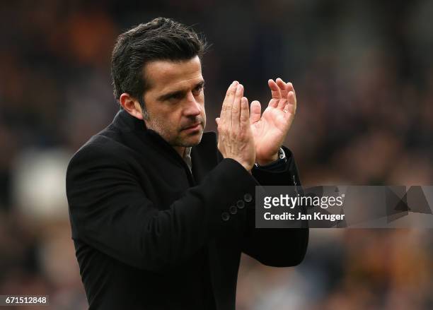Marco Silva, Manager of Hull City reacts during the Premier League match between Hull City and Watford at the KCOM Stadium on April 22, 2017 in Hull,...