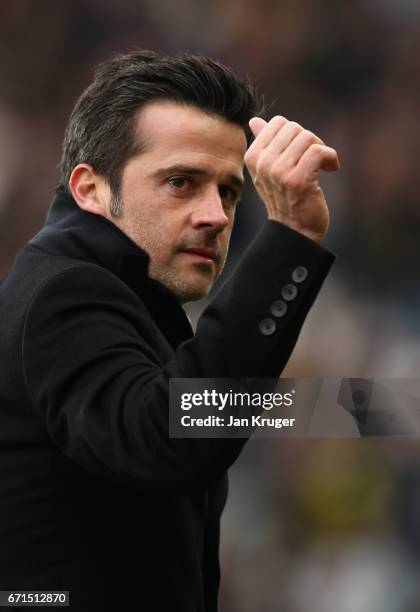 Marco Silva, Manager of Hull City reacts during the Premier League match between Hull City and Watford at the KCOM Stadium on April 22, 2017 in Hull,...