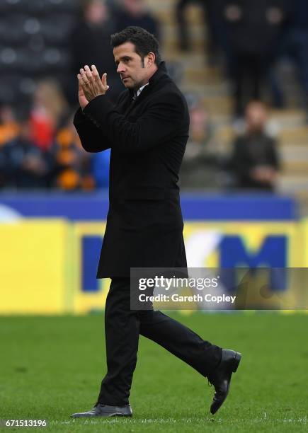 Marco Silva, Manager of Hull City reacts during the Premier League match between Hull City and Watford at the KCOM Stadium on April 22, 2017 in Hull,...