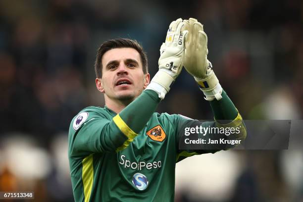 Eldin Jakupovic of Hull City celebrates during the Premier League match between Hull City and Watford at the KCOM Stadium on April 22, 2017 in Hull,...