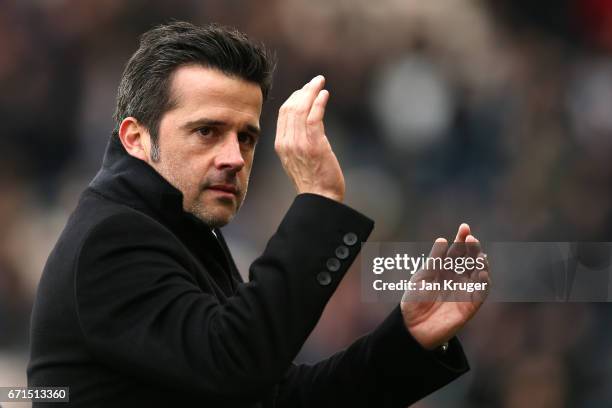 Marco Silva, Manager of Hull City reacst during the Premier League match between Hull City and Watford at the KCOM Stadium on April 22, 2017 in Hull,...