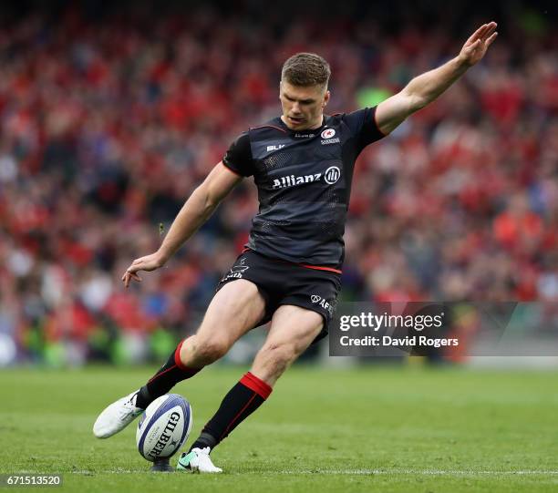 Owen Farrell of Saracens kicks a penalty during the European Rugby Champions Cup semi final match between Munster and Saracens at the Aviva Stadium...