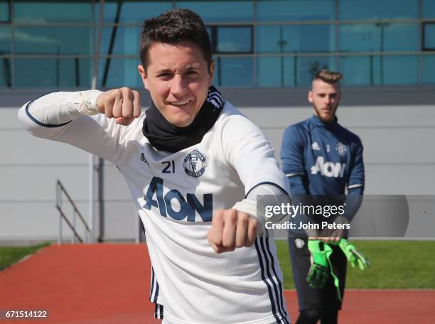 Ander Herrera of Manchester United in action during a first team training session at Aon Training Complex on April 22, 2017 in Manchester, England.