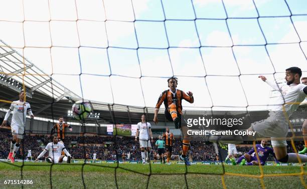 Lazar Markovic of Hull City scores his sides first goal during the Premier League match between Hull City and Watford at the KCOM Stadium on April...