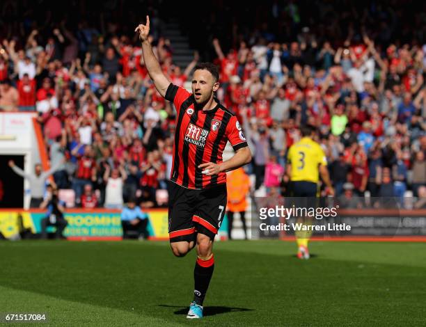 Marc Pugh of AFC Bournemouth celebrates scoring his sides second goal during the Premier League match between AFC Bournemouth and Middlesbrough at...