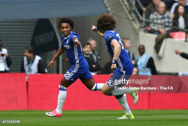 Willian of Chelsea celebrates scoring his sides first goal with David Luiz of Chelsea during The Emirates FA Cup Semi-Final between Chelsea and...