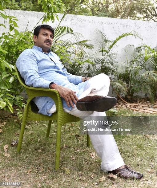 Delhi BJP President Manoj Tiwari in relax during an exclusive interview with Hindustan Times at his official residence on the eve of MCD election, on...