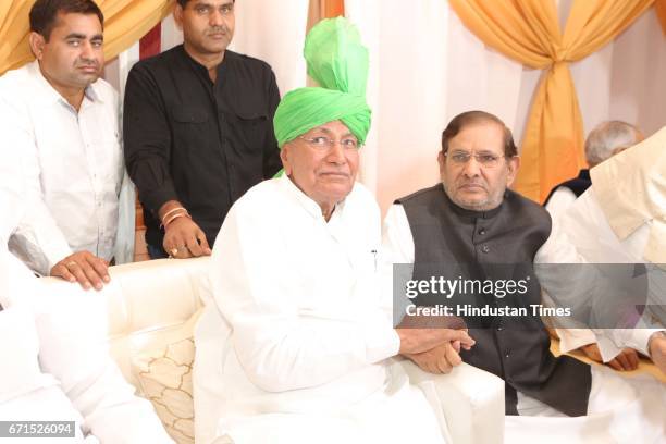 Former Haryana Chief Minister Om Prakash Chautala and Janata Dal party leader Sharad Yadav during the wedding reception of INLD MP Dushyant Chautala...