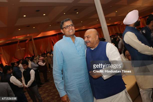 Baijayant Jay Panda and BJP leader Sudhanshu Mittal during the wedding reception of INLD MP Dushyant Chautala with Meghna Ahlawat at Ashoka Hotel, on...