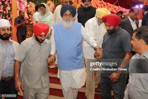 Parkash Singh Badal during the wedding reception of INLD MP Dushyant Chautala with Meghna Ahlawat at Ashoka Hotel, on April 20, 2017 in New Delhi,...