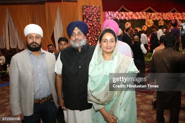 Shiromani Akali Dal Chief Sukhbir Singh Badal and Union Food Processing Industry Minister Harsmit Kaur Badal during the wedding reception of INLD MP...