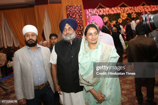 Shiromani Akali Dal Chief Sukhbir Singh Badal and Union Food Processing Industry Minister Harsmit Kaur Badal during the wedding reception of INLD MP...