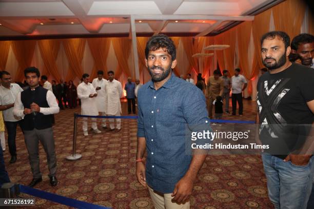 Wrestler Yogeshwar Dutt during the wedding reception of INLD MP Dushyant Chautala with Meghna Ahlawat at Ashoka Hotel, on April 20, 2017 in New...