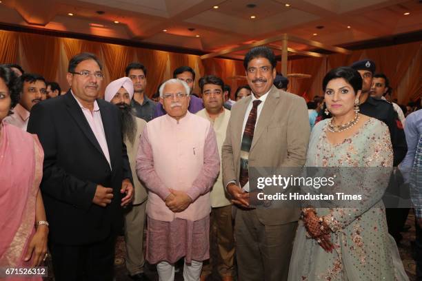 Haryana Chief Minister Manohar Lal Khattar during the wedding reception of INLD MP Dushyant Chautala with Meghna Ahlawat at Ashoka Hotel, on April...