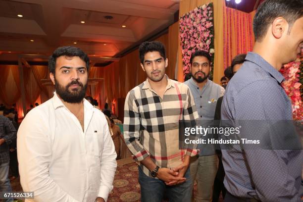 Boxer Vijender Singh during the wedding reception of INLD MP Dushyant Chautala with Meghna Ahlawat at Ashoka Hotel, on April 20, 2017 in New Delhi,...